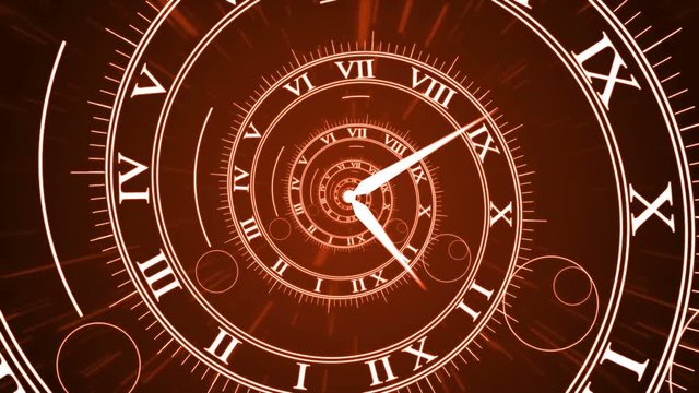 Animation of Infinity time clock with Rome Figures. Digital generated. Infinity life concept.