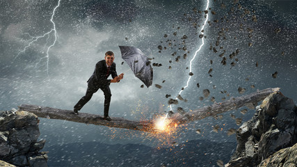 Businessman with black umbrella. Mixed media . Mixed media