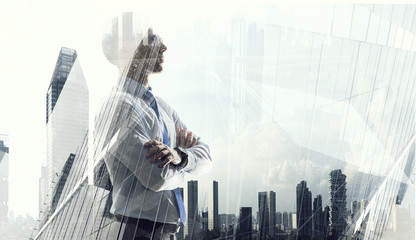 Elegant businessman looking away. Mixed media . Mixed media