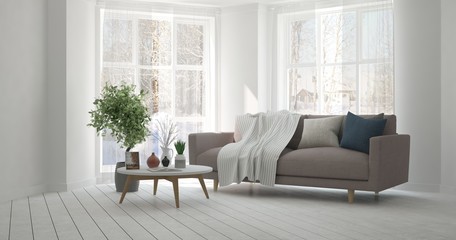White inspiration of modern room with sofa. Scandinavian interior design. 3D illustration