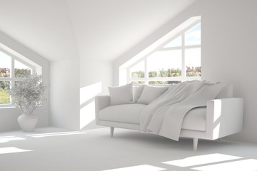 Idea of white minimalist room with sofa. Scandinavian interior design. 3D illustration