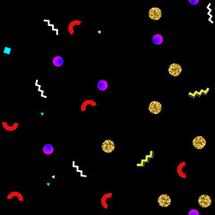 Memphis style seamless pattern with golden glitter circles and shapes