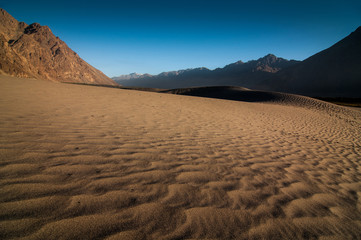 Fototapeta na wymiar Beautiful sand dune and layer mountains in Nubra Valley