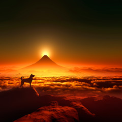 富士山の日の出と犬のシルエット