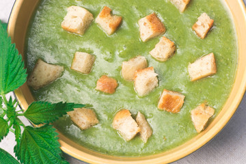 green nettle soup in bowl