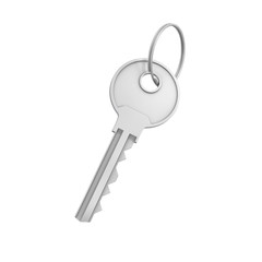 3d rendering of a single silver key for a pin tumbler lock isolated on white backgroun