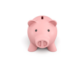 3d rendering of a pink ceramic piggy bank isolated on white background.