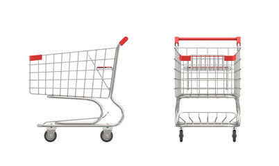 3d rendering of a shopping cart with a red handle in front and side view on white background.