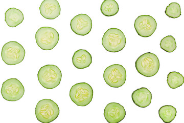 Cucumber slices isolated on white background. Top view