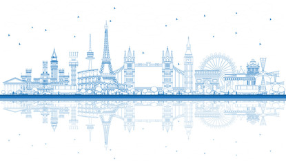 Outline Famous Landmarks in Europe with Reflections.