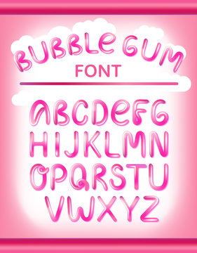 Font set with full alphabet. Glossy pink paint letters. Bubble font with glint. Typography vector illustration.