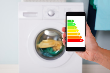 Person Operating Washing Machine Using Cellphone