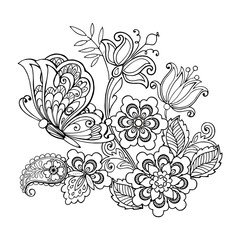 Hand drawn flowers and butterflies for the anti stress coloring page.