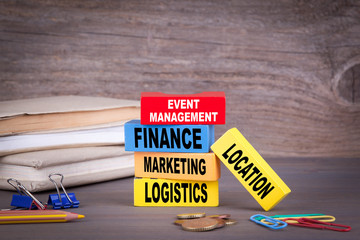 event management concept. Colored wooden blocks on the table.