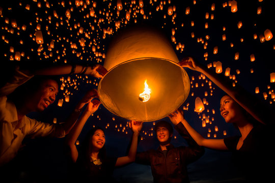 friend group enjoy yeepeng festival togather in Thailand