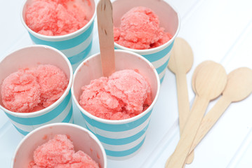 Homemade watermelon sorbet in blue paper cup - obrazy, fototapety, plakaty
