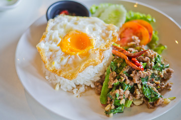  basil pork rice with fried egg . thai food 