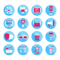 Big big set of cinema icons. Flat vector cartoon illustration. Objects isolated on a white background.