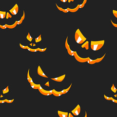 Halloween pumpkins carved faces seamless pattern. Flat vector cartoon illustration. Objects isolated on background.