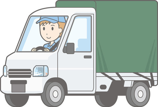 Illustration that a man is driving a light car truck with a hood