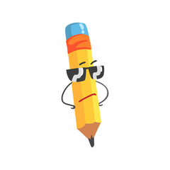 Cute cartoon yellow pencil character wearing sunglasses, humanized funny pencil vector Illustration