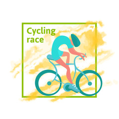 Cycling race, poster template. A man rides a Bicycle, Abstract watercolor spot on the background. Vector illustration, isolated on white background.