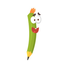 Cute cartoon green pencil comic character, humanized pencil with funny smiling face vector Illustration
