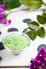 Spa treatments on wooden table.