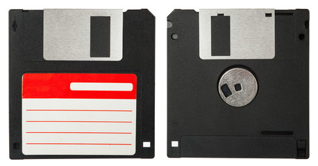 Front and back of a black floppy disk