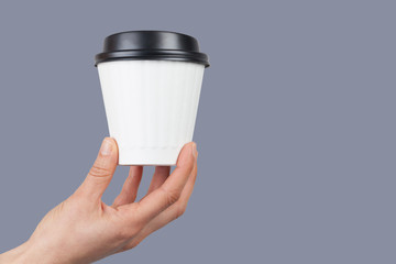 Female hand holding a disposable white coffe cup isolated on gray background with copy space