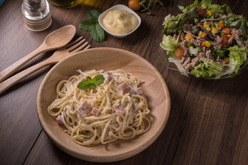 spaghetti carbonara on the plate spaghetti concept