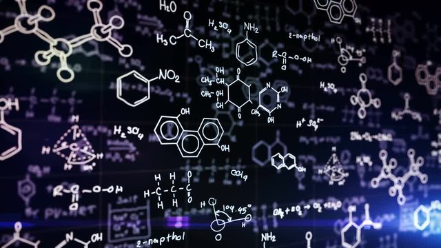 Chemical formulas on blue background. Science concept.