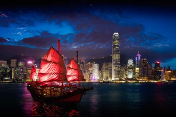 Foto op Plexiglas Victoria Harbour Hong Kong night view with junk ship on foreground © Patrick Foto