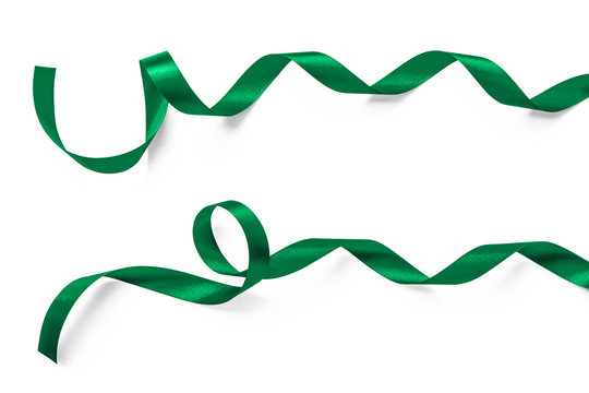 Green ribbon satin curly bow in jade emerald color (isolated with clipping path)