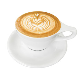 Hot coffee cappuccino latte art isolated on white background, clipping path included