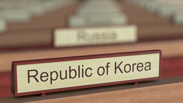 Republic of Korea name sign among different countries plaques at international organization. 3D rendering