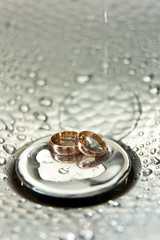 Beautiful luxurious wedding rings on water drops