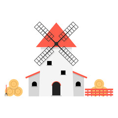 windmill with haystacks