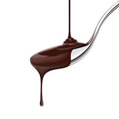 Hot melted chocolate pouring in the spoon and dripping out. 3d vector realism illustration
