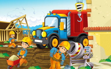 cartoon scene of a construction site with heavy truck smiling - different people doing many industry jobs - illustration for children