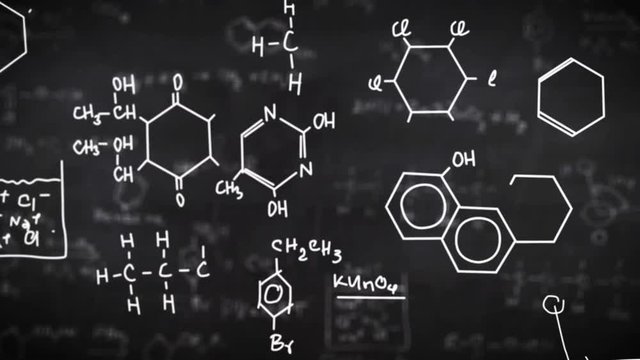 Chemical formulas on black background. Science concept.
