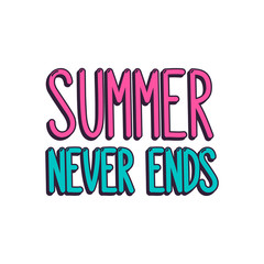 The inscription "Summer never eands" in the comic style. It can be used for website design, article, phone case, poster, t-shirt, mug etc.