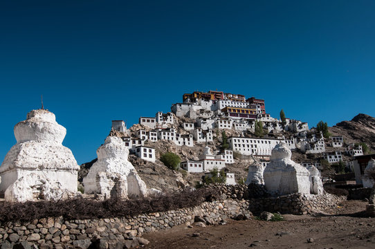 Thiksey monastery ( Gompa ) temple under blue sky in wide angle view, It is a famous Buddhist temple and Buddhist heritage, Ladakh travel attraction landmark, Leh, Ladakh, India,