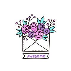 Cute envelope with flowers on a white background. And a ribbon with an inscription: awesome. It can be used for card, sticker, patch, phone case, poster, t-shirt, mug etc.