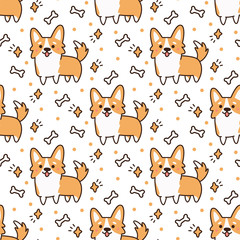 Naklejka premium Cute pattern with dog breed welsh corgi on a white background with hearts, stars,bones. It can be used for packaging, wrapping paper, textile and etc.