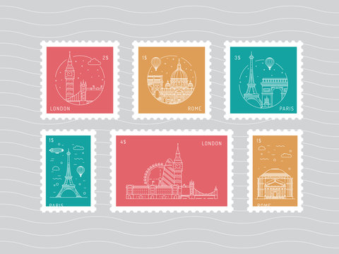 A set of postage stamps vector, flat, depicting European architectural landmarks in the style of linear. Vector templates with buildings, Paris, London, Rome.