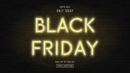 Black Friday sale web banner. Modern neon yellow billboard on brick wall. Concept of advertising for seasonal offer with glowing neon text.