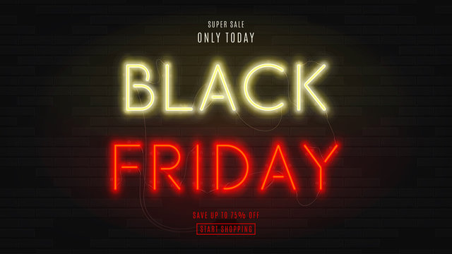 Black Friday sale web banner. Modern neon yellow and red billboard on brick wall. Concept of advertising for seasonal offer with glowing text.