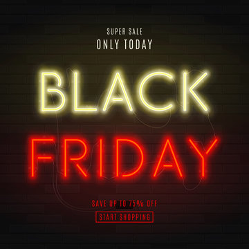 Black Friday sale neon background. Modern neon yellow and red billboard on brick wall. Concept of advertising for seasonal offer with glowing text.
