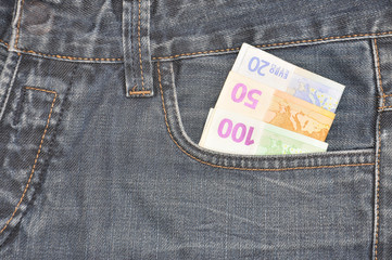 Euro banknotes in jeans pocket background. Money in your pocket